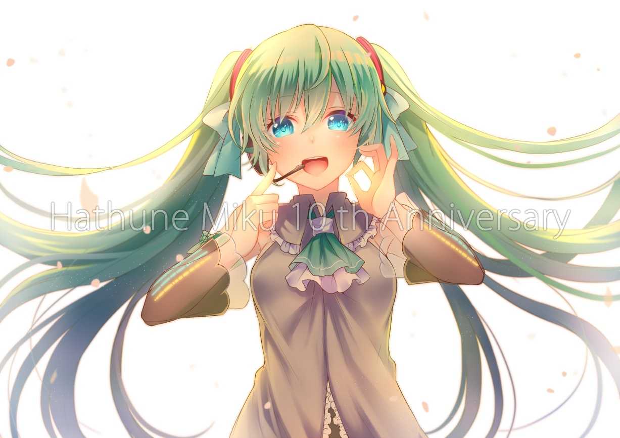 在线壁纸 图片描述 Aqua Eyes Green Hair Hatsune Miku Headphones Long Hair Mashiro Microphone Petals Twintails Vocaloid Acg调查小队