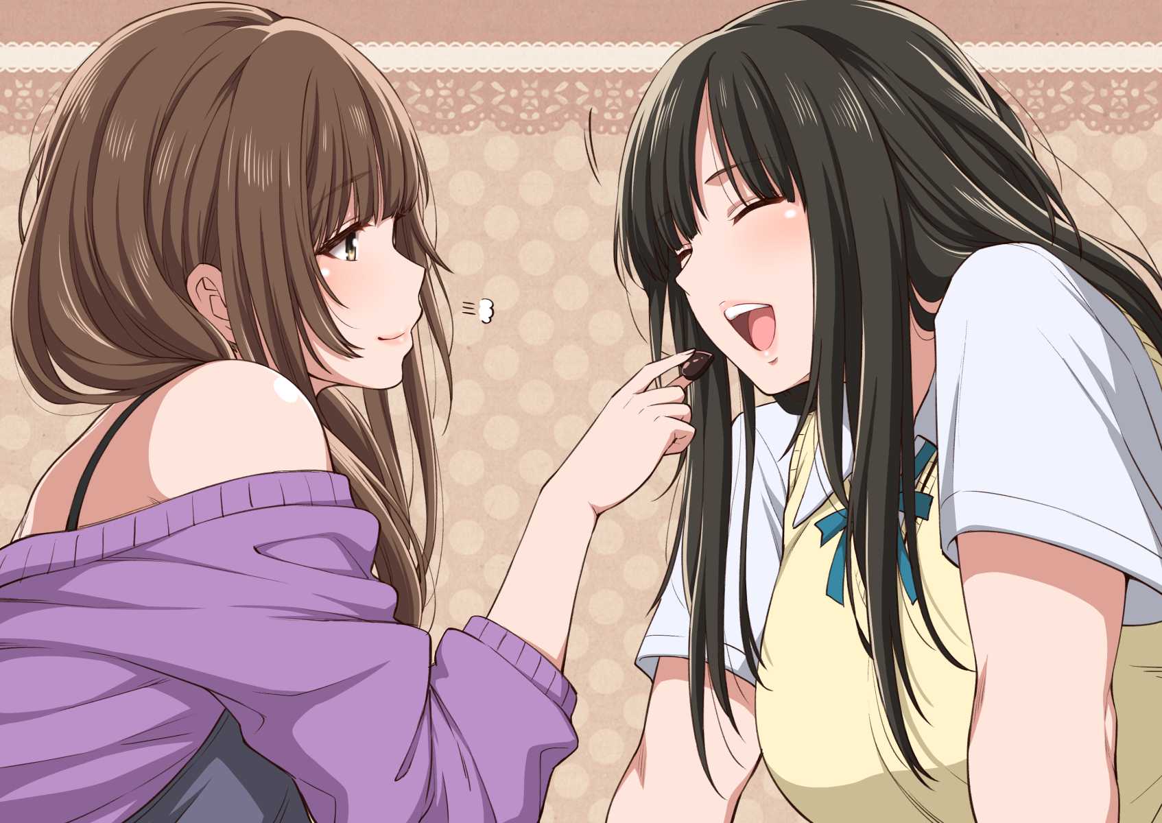 图片描述：2girls Amagami Black Hair Brown Eyes Brown Hair Chocolate Kamizaki Makoto Kamizaki Risa 2076